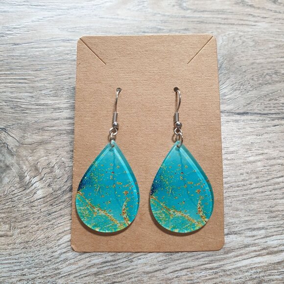 Women Teardrop Blue Gold Acrylic Dangle Earrings Hook Back Beach Core Vacation - Picture 1 of 3